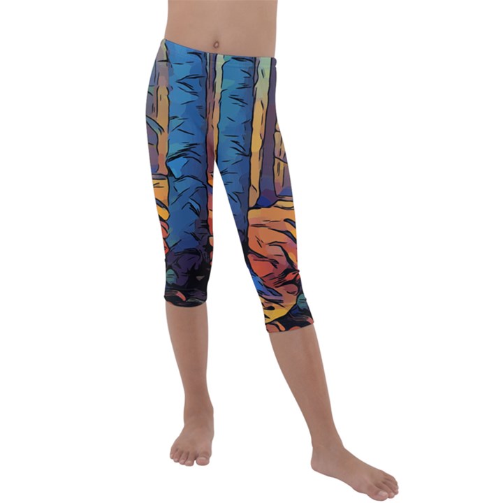 Woods Trees Abstract Scene Forest Kids  Lightweight Velour Capri Leggings 