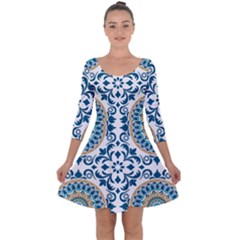 Tile Vintage Pattern Design Quarter Sleeve Skater Dress