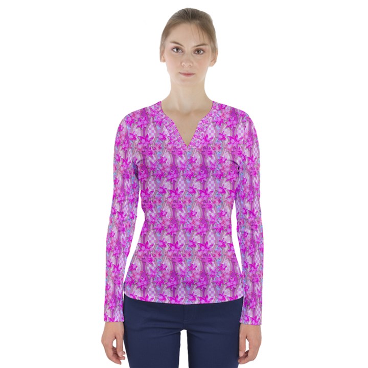 Maple Leaf Plant Seamless Pattern V-Neck Long Sleeve Top