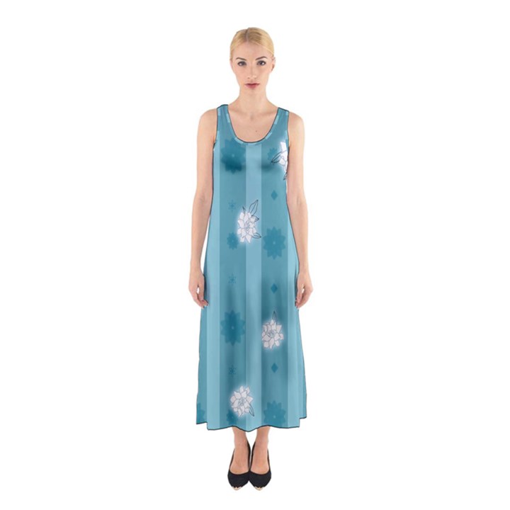 Gardenia Flowers White Blue Sleeveless Maxi Dress