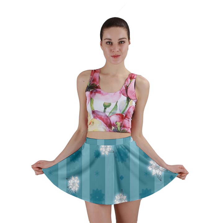 Gardenia Flowers White Blue Mini Skirt