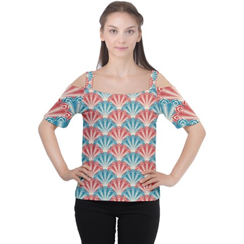 Seamless Patter Peacock Feathers Cutout Shoulder Tee by Pakrebo