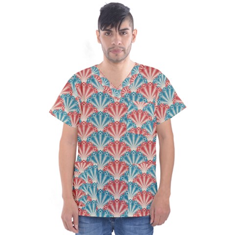 Seamless Patter Peacock Feathers Men s V-neck Scrub Top by Pakrebo