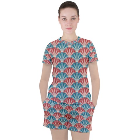 Seamless Patter Peacock Feathers Women s Tee And Shorts Set by Pakrebo