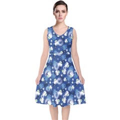 White Flowers Summer Plant V-neck Midi Sleeveless Dress  by Pakrebo