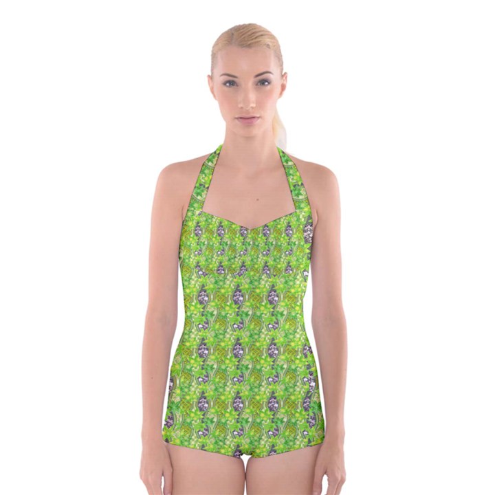 Maple Leaf Plant Seamless Pattern Boyleg Halter Swimsuit 