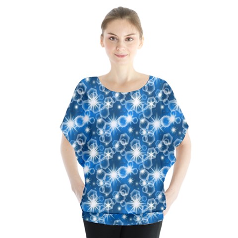 Star Hexagon Blue Deep Blue Light Batwing Chiffon Blouse by Pakrebo