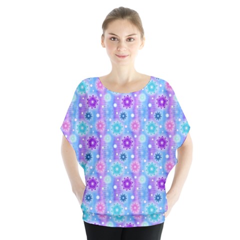 Flowers Light Blue Purple Magenta Batwing Chiffon Blouse by Pakrebo