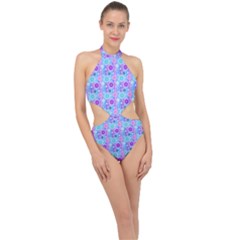 Flowers Light Blue Purple Magenta Halter Side Cut Swimsuit by Pakrebo