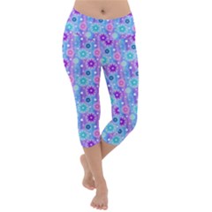 Flowers Light Blue Purple Magenta Lightweight Velour Capri Yoga Leggings by Pakrebo