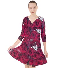 Roses Baby S Breath Bouquet Floral Quarter Sleeve Front Wrap Dress by Pakrebo