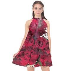 Roses Baby S Breath Bouquet Floral Halter Neckline Chiffon Dress  by Pakrebo