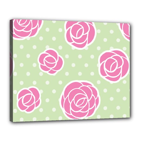 Roses Flowers Pink And Pastel Lime Green Pattern With Retro Dots Canvas 20  X 16  (stretched) by genx