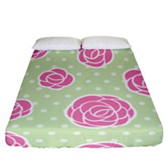 Roses Flowers Pink And Pastel Lime Green Pattern With Retro Dots Fitted Sheet (california King Size) by genx