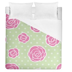 Roses Flowers Pink And Pastel Lime Green Pattern With Retro Dots Duvet Cover (queen Size) by genx