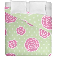 Roses Flowers Pink And Pastel Lime Green Pattern With Retro Dots Duvet Cover Double Side (california King Size)