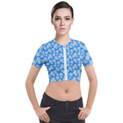 Hydrangea Blue Glitter Round Short Sleeve Cropped Jacket