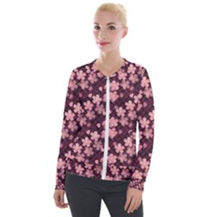 Cherry Blossoms Japanese Style Pink Velour Zip Up Jacket