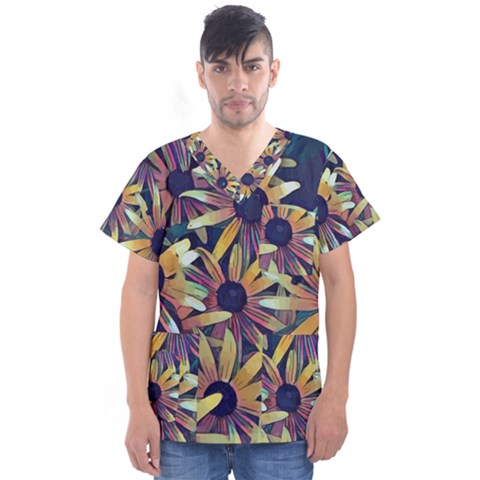 Spring Floral Black Eyed Susan Men s V-neck Scrub Top by Pakrebo