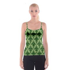 White Flowers Green Damask Spaghetti Strap Top by Pakrebo