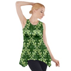 White Flowers Green Damask Side Drop Tank Tunic by Pakrebo