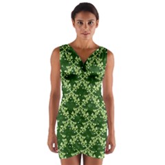 White Flowers Green Damask Wrap Front Bodycon Dress by Pakrebo