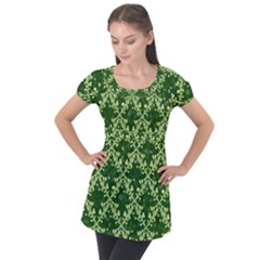 White Flowers Green Damask Puff Sleeve Tunic Top by Pakrebo