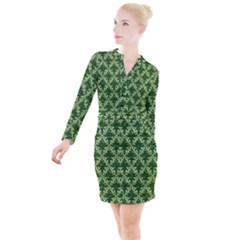 White Flowers Green Damask Button Long Sleeve Dress by Pakrebo