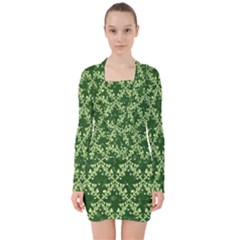 White Flowers Green Damask V-neck Bodycon Long Sleeve Dress by Pakrebo