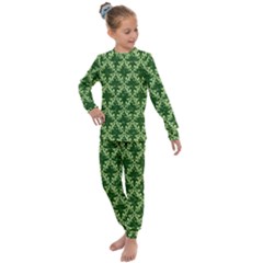 White Flowers Green Damask Kids  Long Sleeve Set  by Pakrebo