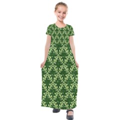 White Flowers Green Damask Kids  Short Sleeve Maxi Dress by Pakrebo