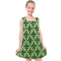 White Flowers Green Damask Kids  Cross Back Dress by Pakrebo