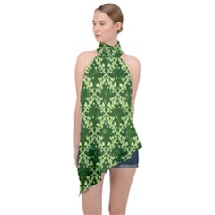 White Flowers Green Damask Halter Asymmetric Satin Top by Pakrebo