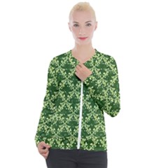 White Flowers Green Damask Casual Zip Up Jacket