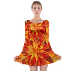 Flower Blossom Red Orange Abstract Long Sleeve Skater Dress by Pakrebo