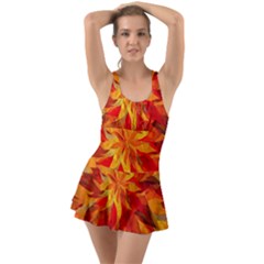 Flower Blossom Red Orange Abstract Ruffle Top Dress Swimsuit by Pakrebo