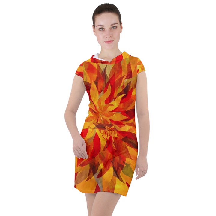 Flower Blossom Red Orange Abstract Drawstring Hooded Dress