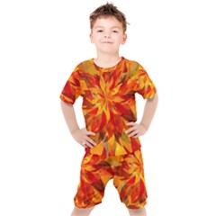 Flower Blossom Red Orange Abstract Kids  Tee And Shorts Set