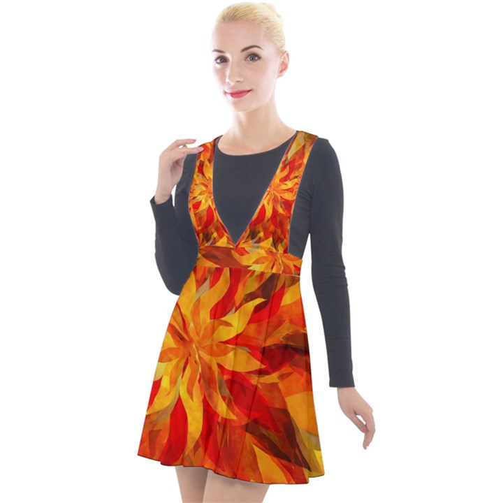 Flower Blossom Red Orange Abstract Plunge Pinafore Velour Dress