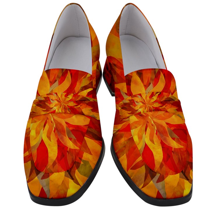 Flower Blossom Red Orange Abstract Women s Chunky Heel Loafers