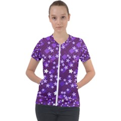 Textile Cross Pattern Square Short Sleeve Zip Up Jacket