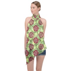 Seamless Pattern Leaf The Pentagon Halter Asymmetric Satin Top