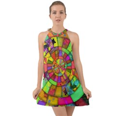 Color Abstract Rings Circle Center Halter Tie Back Chiffon Dress by Pakrebo