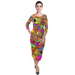 Color Abstract Rings Circle Center Quarter Sleeve Midi Velour Bodycon Dress