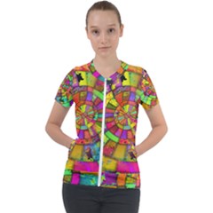 Color Abstract Rings Circle Center Short Sleeve Zip Up Jacket