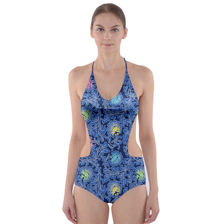 Floral Design Asia Seamless Pattern Cut-Out One Piece Swimsuit