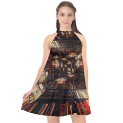 Library Tunnel Books Stacks Halter Neckline Chiffon Dress 