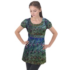 Peacock Feathers Colorful Feather Puff Sleeve Tunic Top by Pakrebo