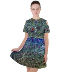 Peacock Feathers Colorful Feather Short Sleeve Shoulder Cut Out Dress 