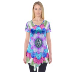 Lotus Flower Bird Metatron S Cube Short Sleeve Tunic  by Pakrebo